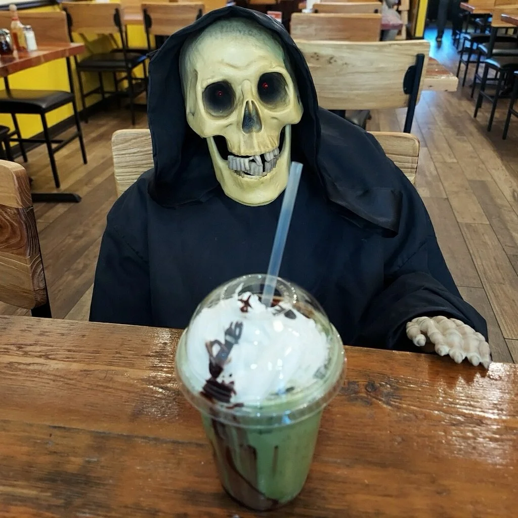 Stop by the Buzz and say hi to our boney friend, Charlie! 💀 He would love to know what your favorite thing is to get at Buzz!!🐝 
#BuzzCafe #SpookyScarySkeleton #KribiCoffee #Matcha #Halloween #yummy