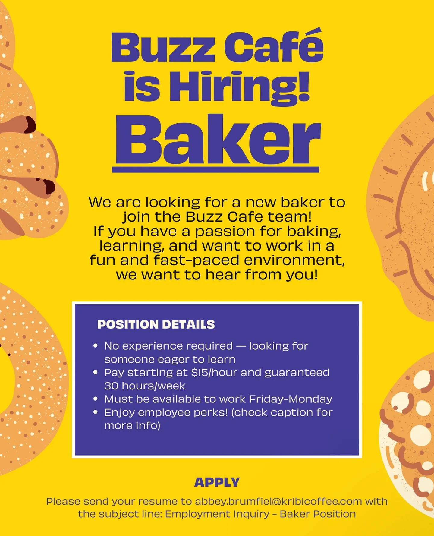 Buzz Cafe needs a baker! 🧑&zwj;🍳👩&zwj;🍳👨&zwj;🍳In addition to working for an awesome company, you get the following: 
- Free meal and drink during each shift you work 
- 30% off at Buzz Cafe and any Kribi Coffee when you&rsquo;re not working 
-